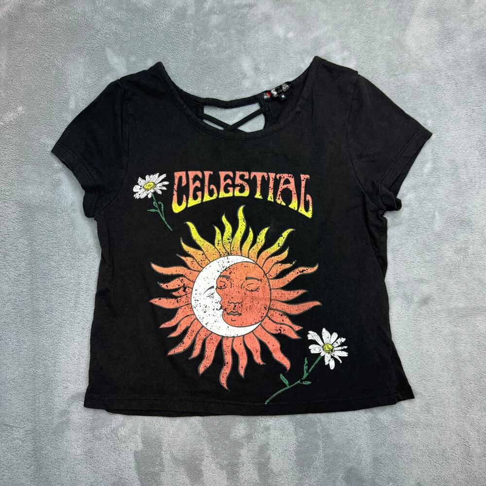 Sistas Celestial Sun Moon Cotton T-Shirt Black Crop Top Womens Medium Daisy